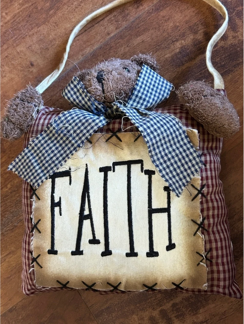 Handmade Primitive Style Bear Wall Hanging with FAITH Patch